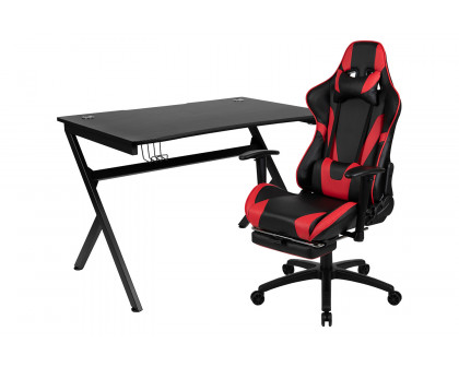 BLNK Optis Black Gaming Desk and Footrest Reclining Gaming Chair Set with Cup Holder, Headphone Hook and 2 Wire Management Holes - Red