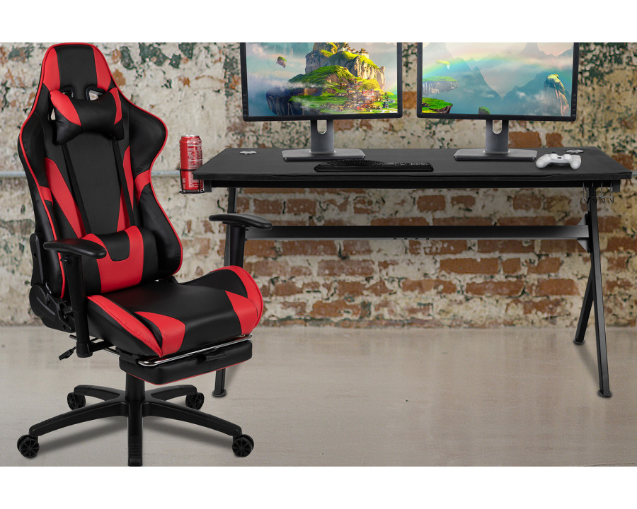 BLNK Optis Gaming Desk and Footrest Reclining Gaming Chair Set with Cup Holder, Headphone Hook, Removable Mouse Pad Top/Wire Management - Red