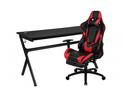 BLNK Optis Gaming Desk and Footrest Reclining Gaming Chair Set with Cup Holder, Headphone Hook, Removable Mouse Pad Top/Wire Management - Red