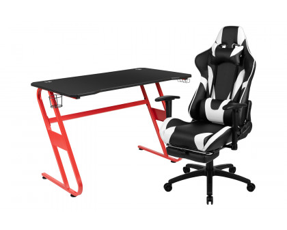 BLNK Optis Red Gaming Desk and Footrest Reclining Gaming Chair Set with Cup Holder and Headphone Hook - Black