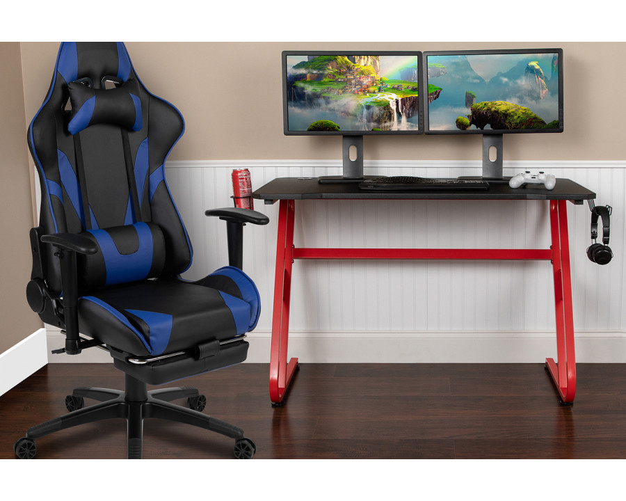 BLNK Optis Red Gaming Desk with Cup Holder/Headphone Hook and Reclining Gaming Chair with Footrest - Blue