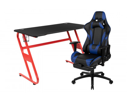 BLNK Optis Red Gaming Desk with Cup Holder/Headphone Hook and Reclining Gaming Chair with Footrest - Blue