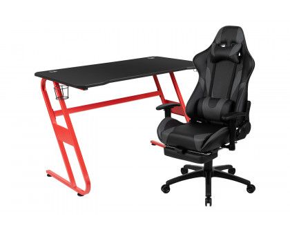 BLNK Optis Red Gaming Desk with Cup Holder/Headphone Hook and Reclining Gaming Chair with Footrest - Gray