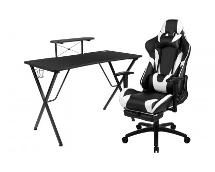 BLNK Optis Black Gaming Desk and Footrest Reclining Gaming Chair Set with Cup Holder, Headphone Hook and Monitor/Smartphone Stand - Black