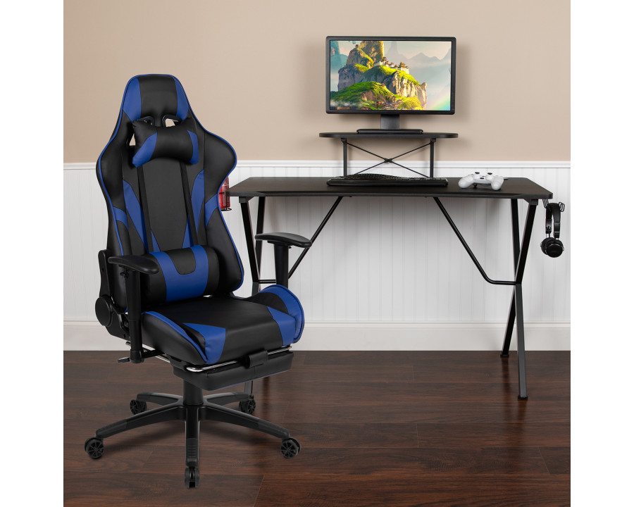 BLNK Optis Black Gaming Desk and Footrest Reclining Gaming Chair Set with Cup Holder, Headphone Hook and Monitor/Smartphone Stand - Blue