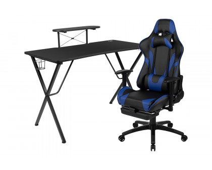 BLNK Optis Black Gaming Desk and Footrest Reclining Gaming Chair Set with Cup Holder, Headphone Hook and Monitor/Smartphone Stand - Blue