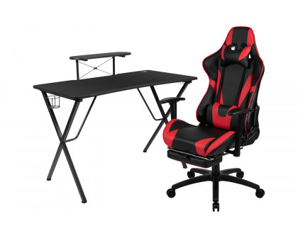 BLNK Optis Black Gaming Desk and Footrest Reclining Gaming Chair Set with Cup Holder, Headphone Hook and Monitor/Smartphone Stand - Red