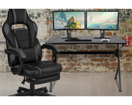 BLNK Optis Black Gaming Desk with Cup Holder, Headphone Hook, 2 Wire Management Holes and Reclining Back/Arms Gaming Chair with Footrest