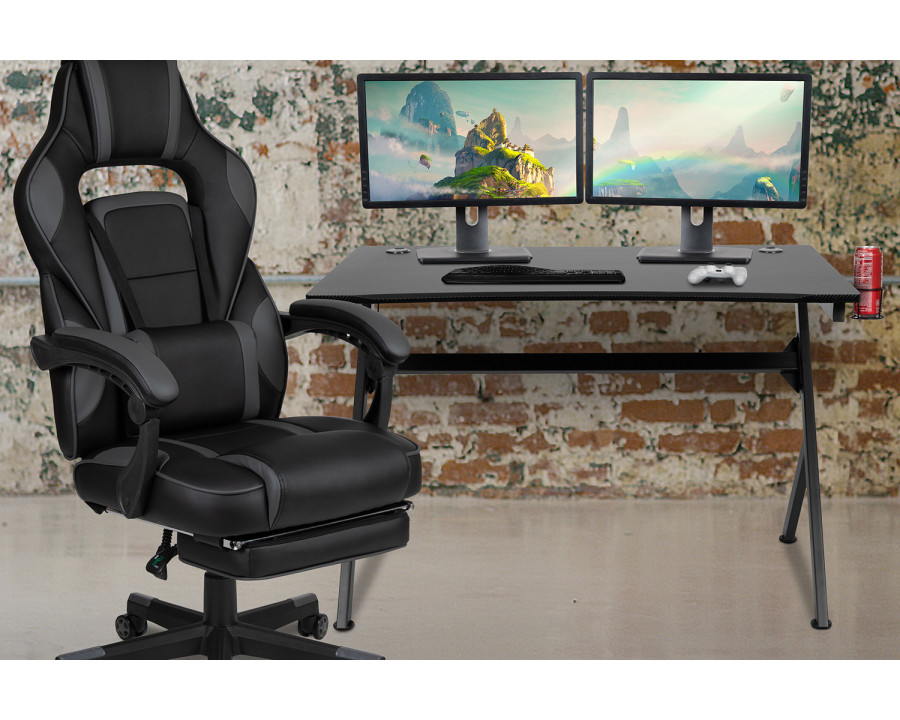 BLNK Optis Black Gaming Desk with Cup Holder, Headphone Hook, 2 Wire Management Holes and Reclining Back/Arms Gaming Chair with Footrest - Black