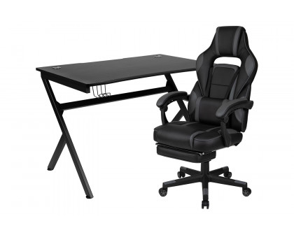 BLNK Optis Black Gaming Desk with Cup Holder, Headphone Hook, 2 Wire Management Holes and Reclining Back/Arms Gaming Chair with Footrest - Black