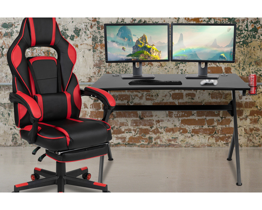 BLNK Optis Black Gaming Desk with Cup Holder, Headphone Hook, 2 Wire Management Holes and Reclining Back/Arms Gaming Chair with Footrest - Red