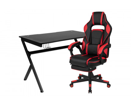 BLNK Optis Black Gaming Desk with Cup Holder, Headphone Hook, 2 Wire Management Holes and Reclining Back/Arms Gaming Chair with Footrest - Red