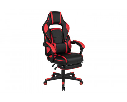 BLNK Optis Black Gaming Desk with Cup Holder, Headphone Hook, 2 Wire Management Holes and Reclining Back/Arms Gaming Chair with Footrest - Red