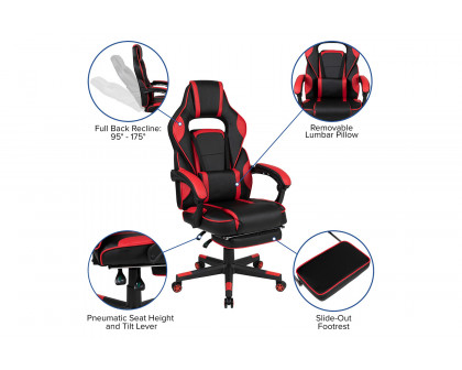 BLNK Optis Black Gaming Desk with Cup Holder, Headphone Hook, 2 Wire Management Holes and Reclining Back/Arms Gaming Chair with Footrest - Red