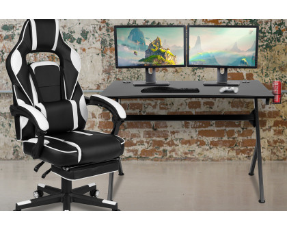 BLNK Optis Black Gaming Desk with Cup Holder, Headphone Hook, 2 Wire Management Holes and Reclining Back/Arms Gaming Chair with Footrest