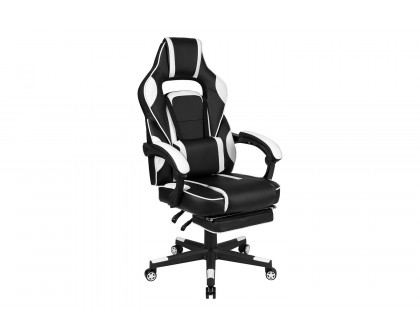 BLNK Optis Black Gaming Desk with Cup Holder, Headphone Hook, 2 Wire Management Holes and Reclining Back/Arms Gaming Chair with Footrest - White