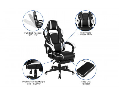 BLNK Optis Black Gaming Desk with Cup Holder, Headphone Hook, 2 Wire Management Holes and Reclining Back/Arms Gaming Chair with Footrest - White