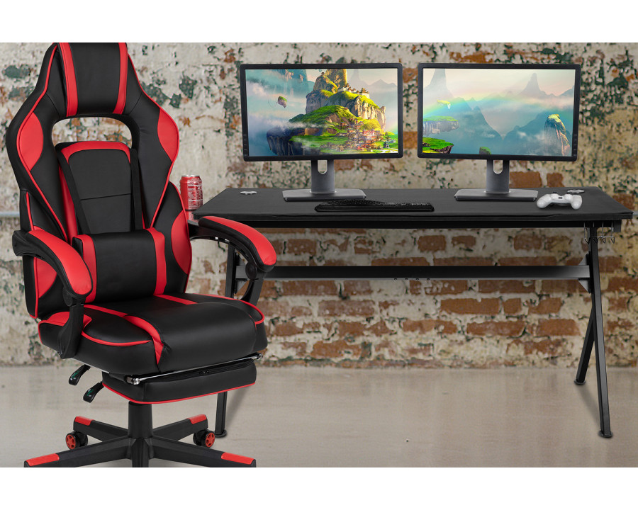 BLNK Optis Gaming Desk with Cup Holder, Headphone Hook, Removable Mousepad Top and Reclining Back/Arms Gaming Chair with Footrest - Red