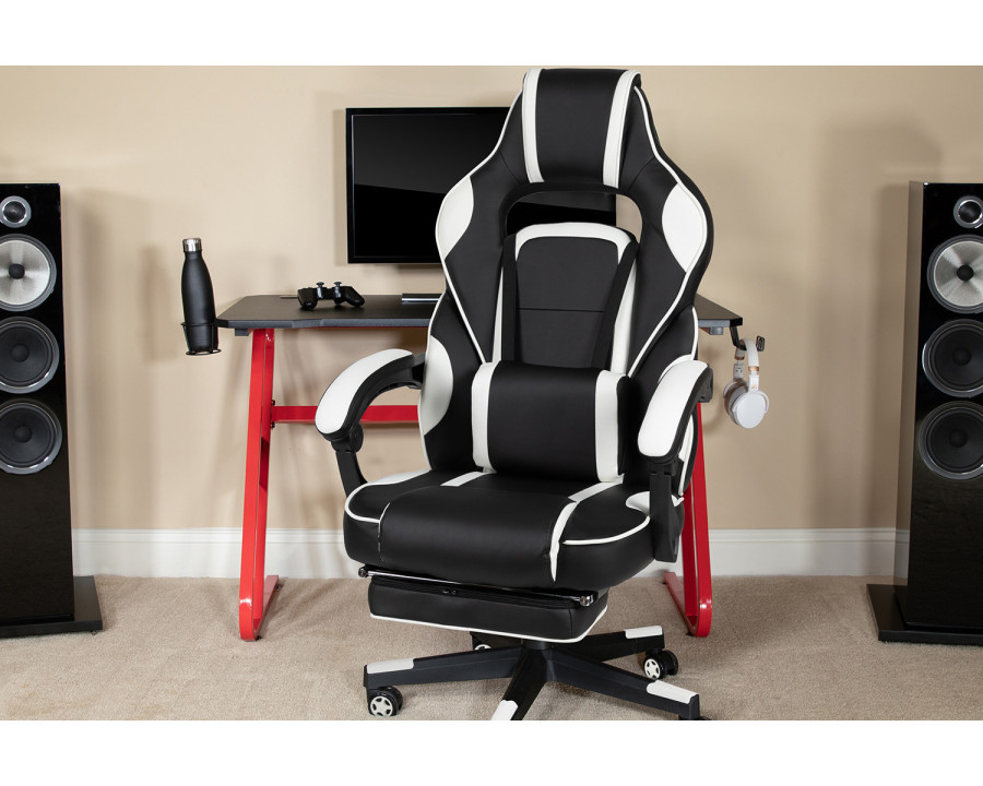 BLNK Optis Red Gaming Desk with Cup Holder/Headphone Hook and Reclining Back/Arms Gaming Chair with Footrest - White