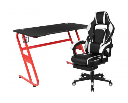 BLNK Optis Red Gaming Desk with Cup Holder/Headphone Hook and Reclining Back/Arms Gaming Chair with Footrest - White