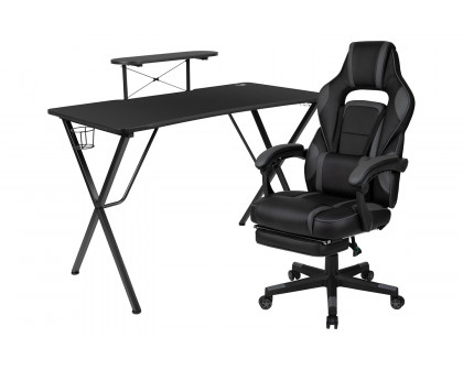 BLNK Optis Black Gaming Desk with Cup Holder/Headphone Hook/Monitor Stand and Reclining Back/Arms Gaming Chair with Footrest - Black