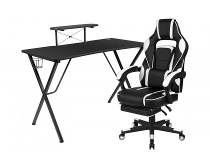 BLNK Optis Black Gaming Desk with Cup Holder/Headphone Hook/Monitor Stand and Reclining Back/Arms Gaming Chair with Footrest - White