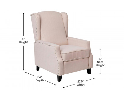 BLNK Prescott Traditional Style Fabric Slim Push Back Recliner Chair with Upholstery-Accent Nail Trim - Cream