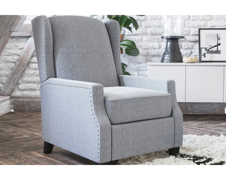 BLNK Prescott Traditional Style Polyester Fabric Slim Push Back Recliner Chair with Accent Nail Trim - Gray