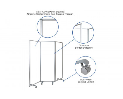 BLNK Raisley 3 Sections Transparent Acrylic Mobile Partition with Lockable Casters - 72"H x 24"L