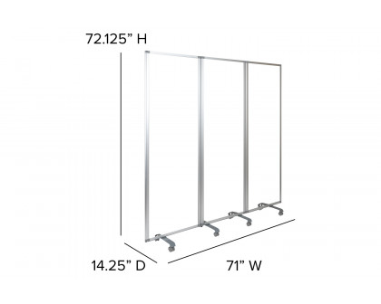 BLNK Raisley 3 Sections Transparent Acrylic Mobile Partition with Lockable Casters - 72"H x 24"L