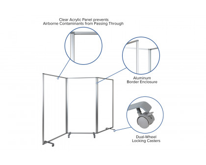 BLNK Raisley 3 Sections Transparent Acrylic Mobile Partition with Lockable Casters - 72"H x 36"L