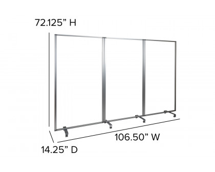 BLNK Raisley 3 Sections Transparent Acrylic Mobile Partition with Lockable Casters - 72"H x 36"L