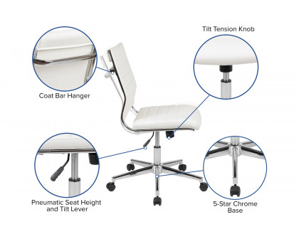 BLNK Hansel LeatherSoft Mid-Back Armless Contemporary Ribbed Executive Swivel Office Chair - White