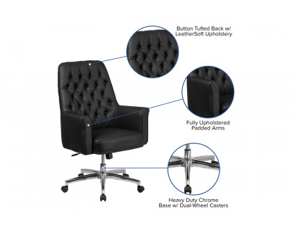 BLNK Hansel LeatherSoft Mid-Back Traditional Tufted Executive Swivel Office Chair with Arms - Black