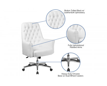 BLNK Hansel LeatherSoft Mid-Back Traditional Tufted Executive Swivel Office Chair with Arms - White