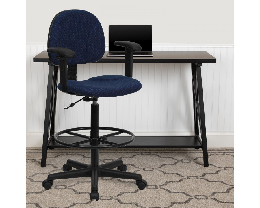 BLNK Bruce Fabric Drafting Chair - Navy Blue Patterned, with Adjustable Arms