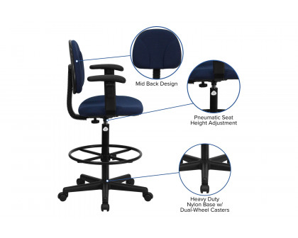 BLNK Bruce Fabric Drafting Chair - Navy Blue Patterned, with Adjustable Arms