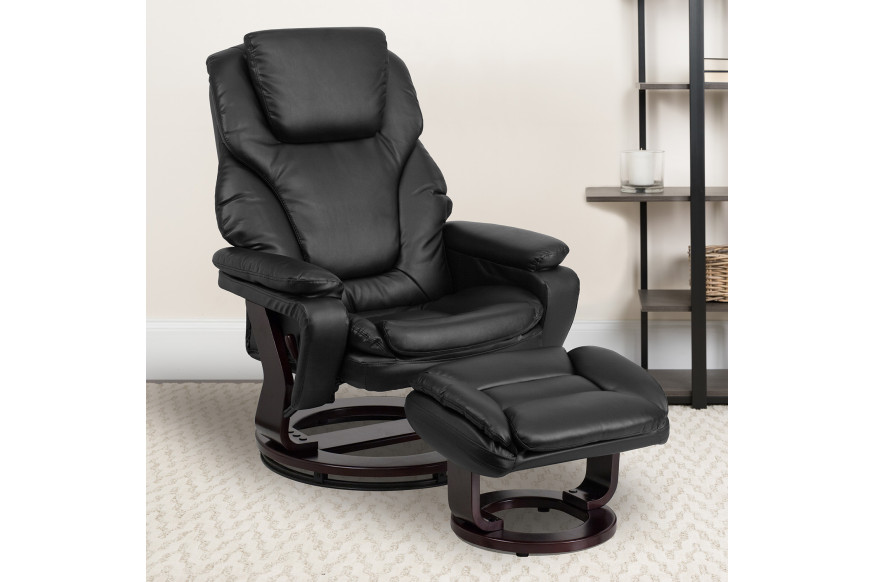 BLNK™ LeatherSoft Austin Contemporary Multi-Position Recliner and Ottoman with Swivel Mahogany Wood Base - Black