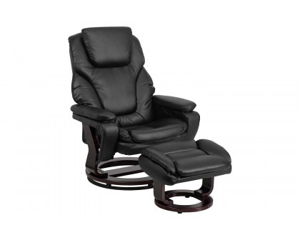 BLNK™ LeatherSoft Austin Contemporary Multi-Position Recliner and Ottoman with Swivel Mahogany Wood Base - Black