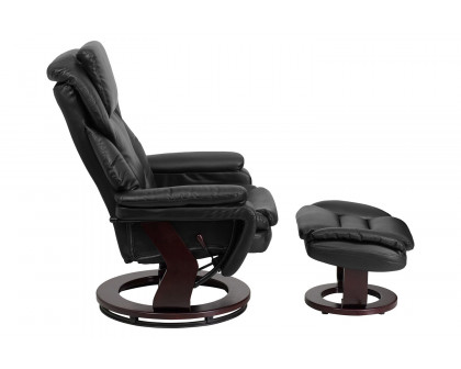 BLNK™ LeatherSoft Austin Contemporary Multi-Position Recliner and Ottoman with Swivel Mahogany Wood Base - Black