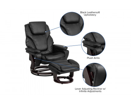 BLNK™ LeatherSoft Austin Contemporary Multi-Position Recliner and Ottoman with Swivel Mahogany Wood Base - Black