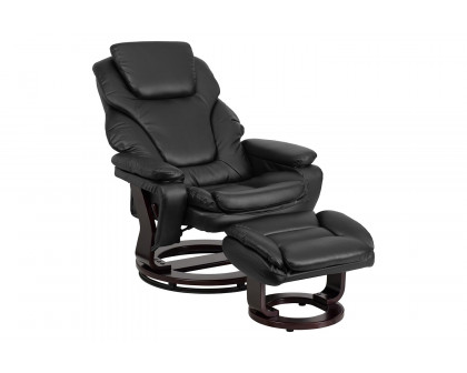 BLNK™ LeatherSoft Austin Contemporary Multi-Position Recliner and Ottoman with Swivel Mahogany Wood Base - Black