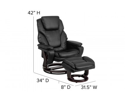 BLNK™ LeatherSoft Austin Contemporary Multi-Position Recliner and Ottoman with Swivel Mahogany Wood Base - Black