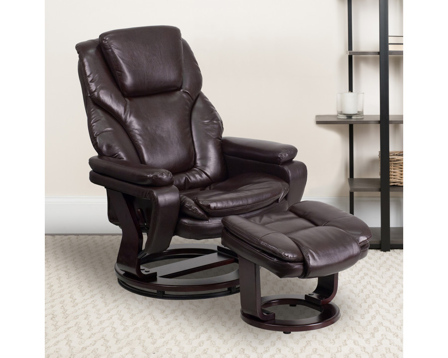 BLNK LeatherSoft Austin Contemporary Multi-Position Recliner and Ottoman with Swivel Mahogany Wood Base - Brown