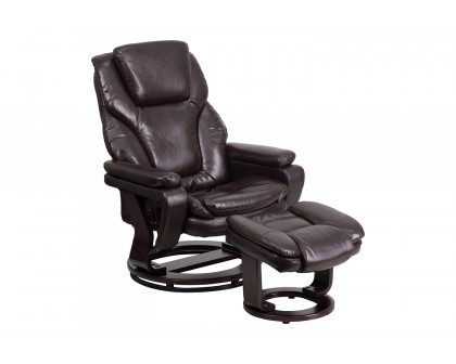 BLNK LeatherSoft Austin Contemporary Multi-Position Recliner and Ottoman with Swivel Mahogany Wood Base - Brown