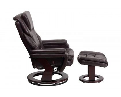 BLNK LeatherSoft Austin Contemporary Multi-Position Recliner and Ottoman with Swivel Mahogany Wood Base - Brown