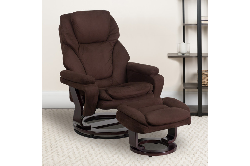 BLNK™ - Microfiber Austin Contemporary Multi-Position Recliner and Ottoman with Swivel Mahogany Wood Base