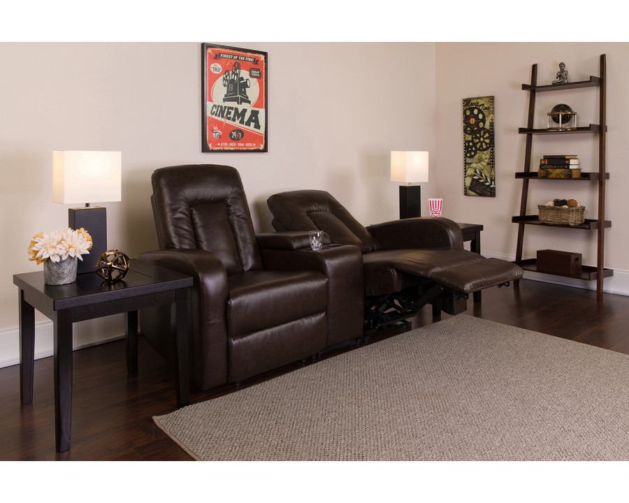 BLNK Eclipse Series LeatherSoft 2-Seat Push Button Motorized Reclining Theater Seating Unit with Cup Holders - Brown