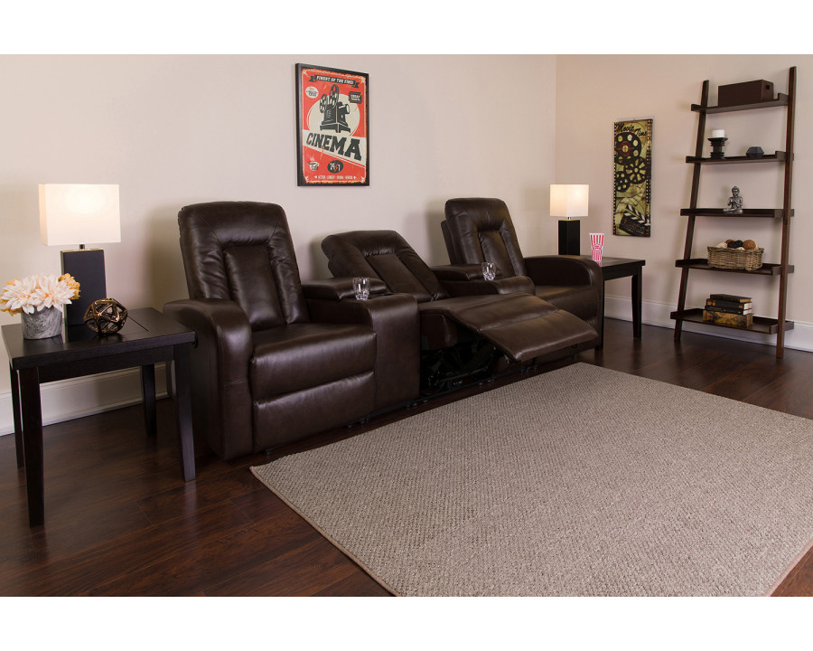 BLNK Eclipse Series LeatherSoft 3-Seat Reclining LeatherSoft Theater Seating Unit with Cup Holders - Brown