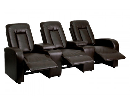 BLNK Eclipse Series LeatherSoft 3-Seat Reclining LeatherSoft Theater Seating Unit with Cup Holders - Brown